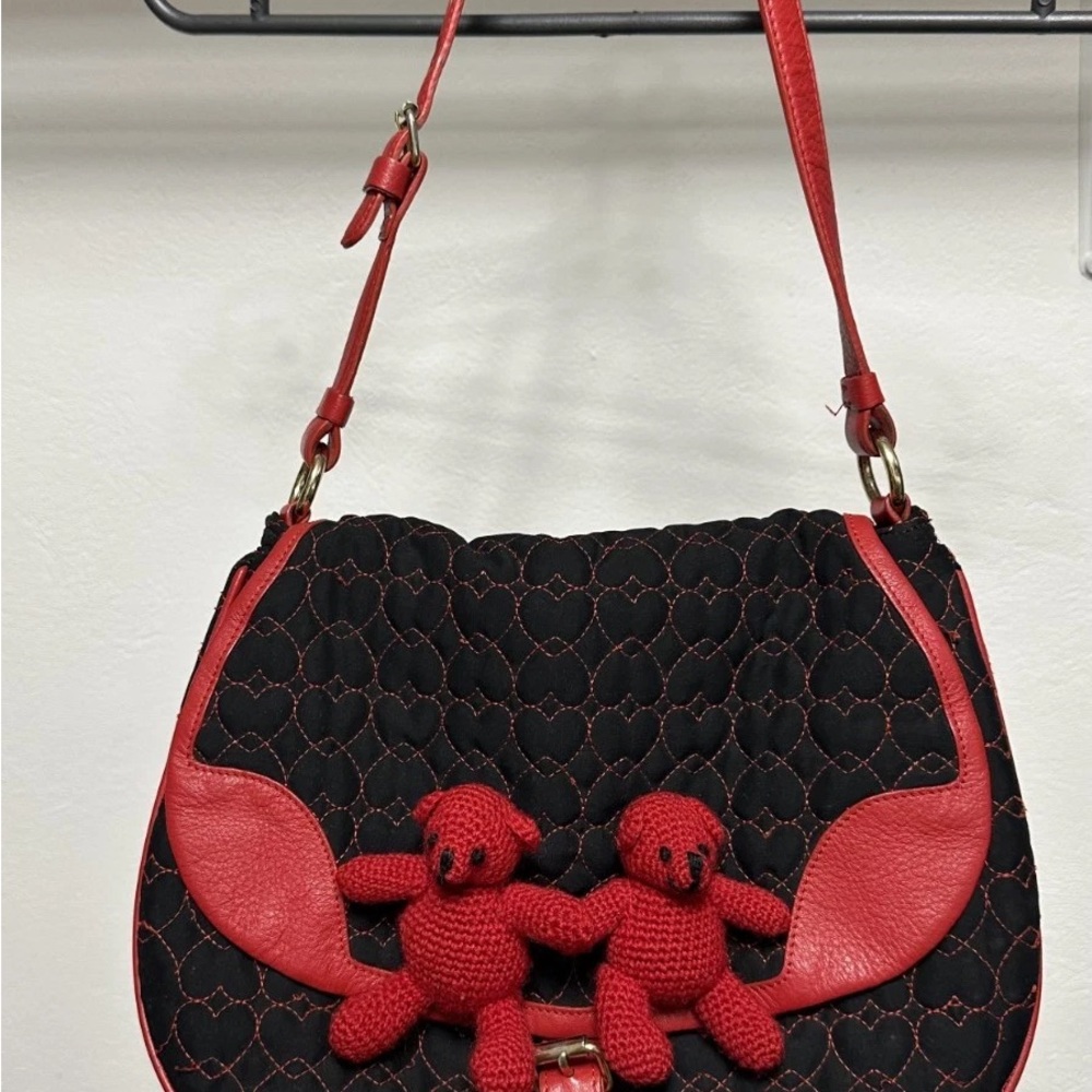 Red and Black Quilted Women's Bag with Teddy Bear Accents
